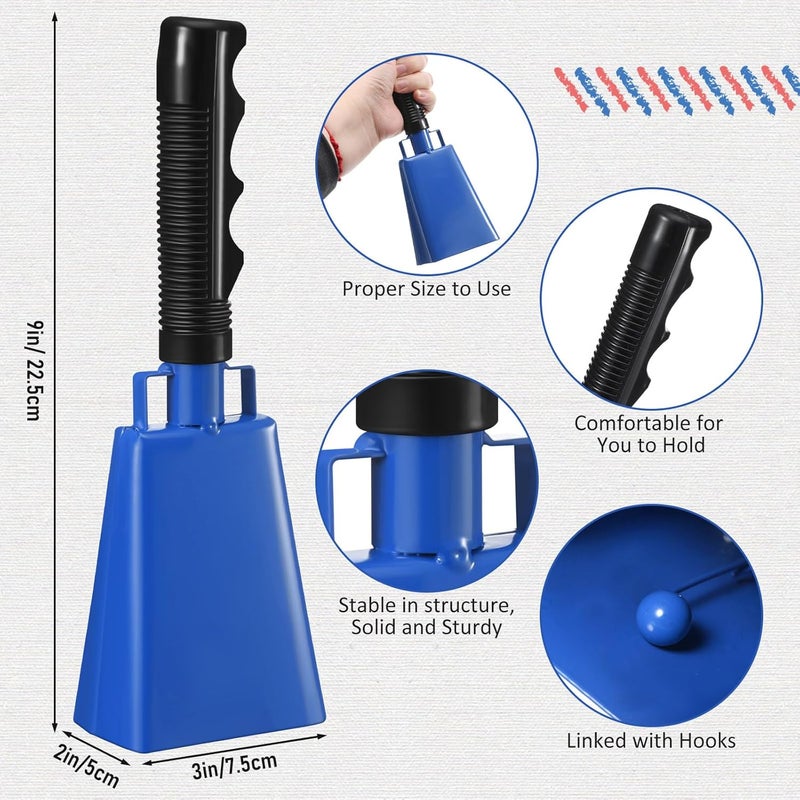 Pelopy 12 Pcs Large Cow Bell 9 '' Cowbell with Handle Cowbells for Sporting Events Hand Percussion Cheering Bell Chimes for Football Game, Alarm Loud Noise Makers, Musical Instrument(Blue) - Image 2
